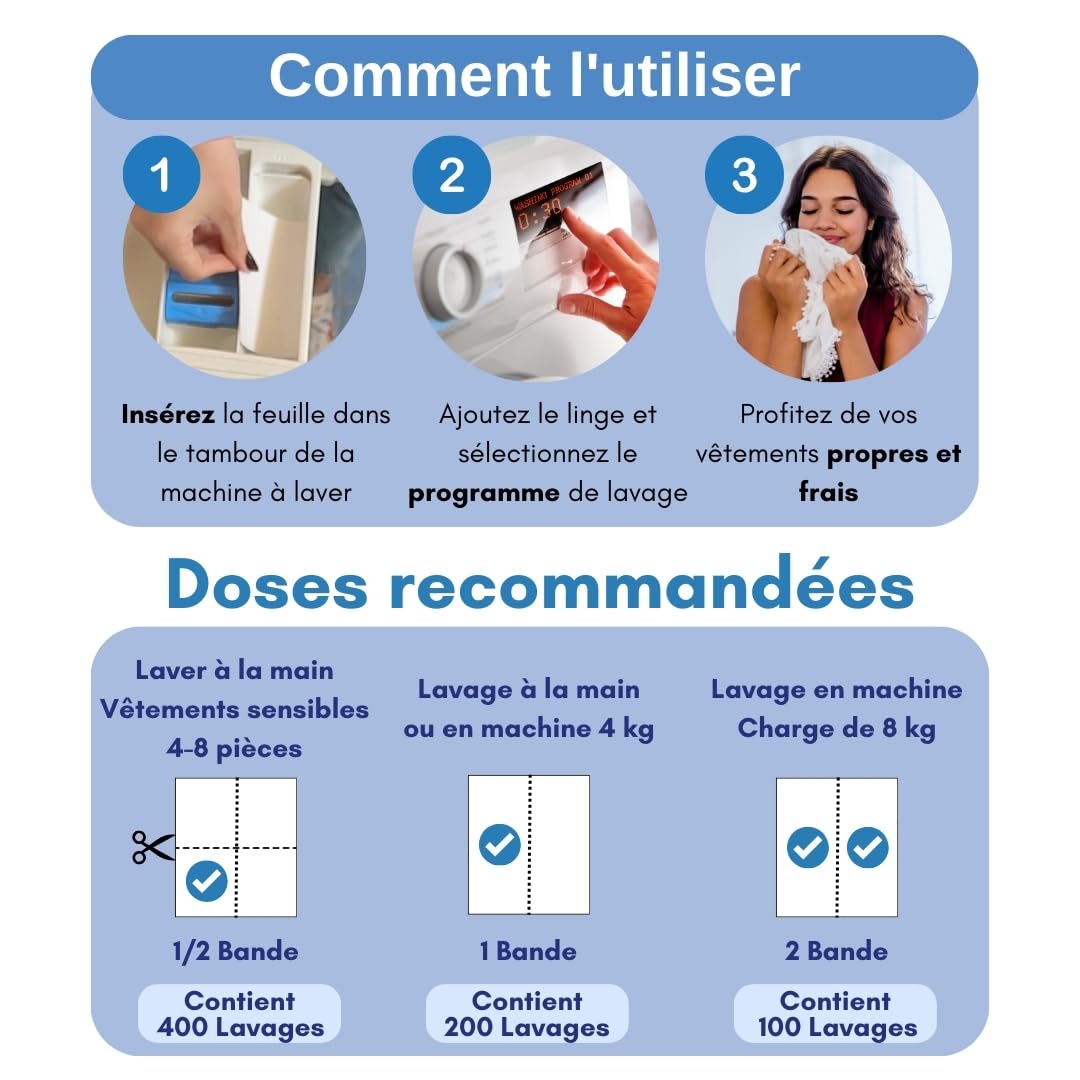 Feuilles de Lessive pour Machine à Laver (jusqu'à 400 lavages) - Parfum Floral, Effet Adoucissant, Écologique, Hypoallergénique, Végétalien et Sans Cruauté - Vêtements Propres et Doux Sans Polluer