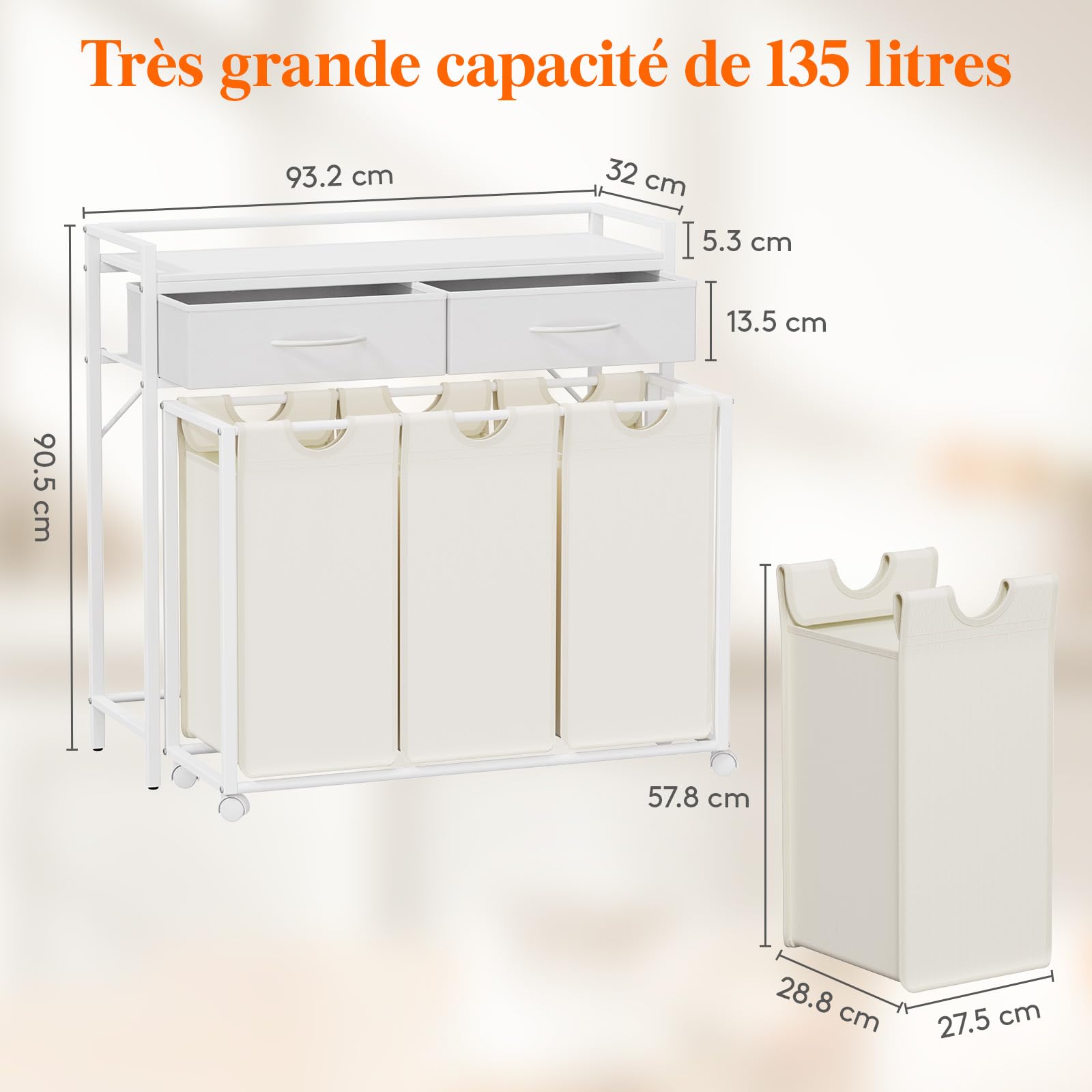 Lifewit Panier a Linge 3 Compartiments Roulettes 135L, Meuble Linge Sale Grande avec 2 Tiroirs et 3 Sac à Linge en Tissu Oxford, Bac à Linge pour Buanderie, Chambres, Salles de Bains, Blanc et beige