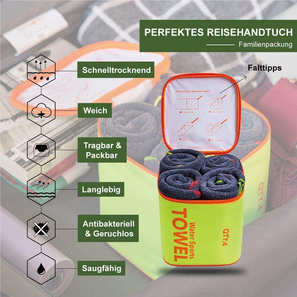 4Monster Set di 4 asciugamani in microfibra, ultra assorbenti, leggeri e ad asciugatura rapida, per viaggi, sport, palestra, colore verde