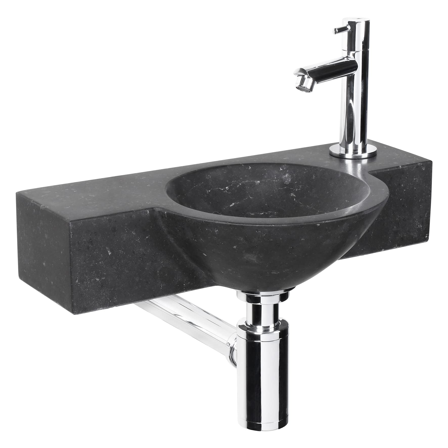Differnz Teti Lavabo - Lave main Pierre Naturelle Noire - Robinet Droit Chrome - Ensemble Complet - 40 x 23 x 8 cm