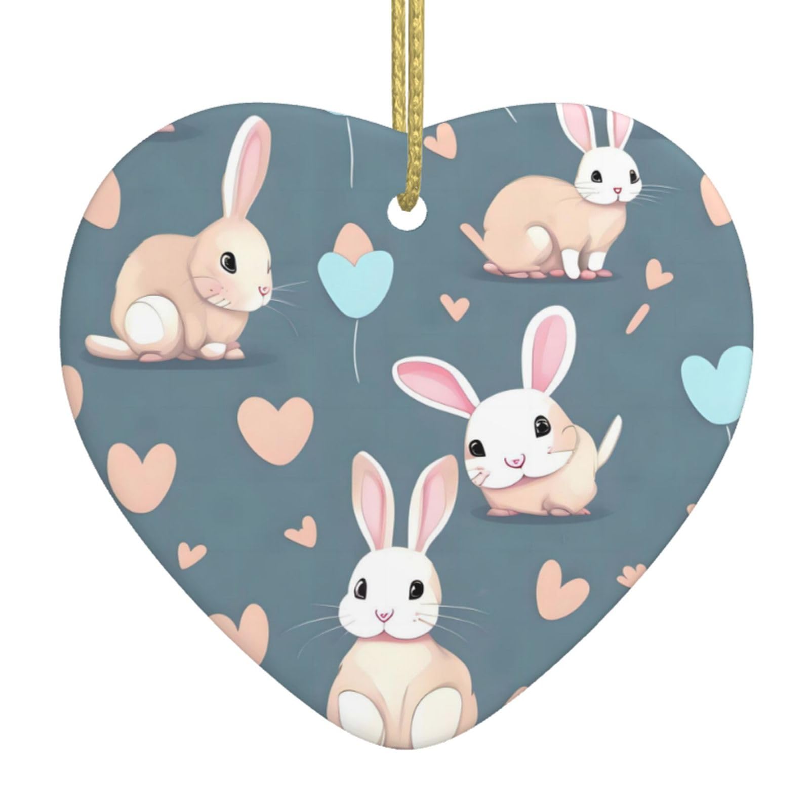 Cartoon Cute Bunny Ceramic Christmas Heart Pendant with Silk Thread, Christmas Tree Home Decoration