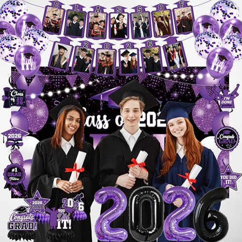 Image of Holkcog 2026 Graduation Decorations, Purple Themed Class of 2026 Congrats Graduation Backdrop, Balloons, Honeycomb ornament for Graduation Party Decorations, Outdoor Indoor Grad Party Decor Supply