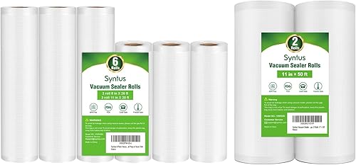 Syntus Bolsas selladoras al vacío, paquete de 6+2, 3 rollos de 11 pulgadas x 20 pies y 3 rollos de 8 x 20 pies y 2 rollos de 11 pulgadas x 50 pies