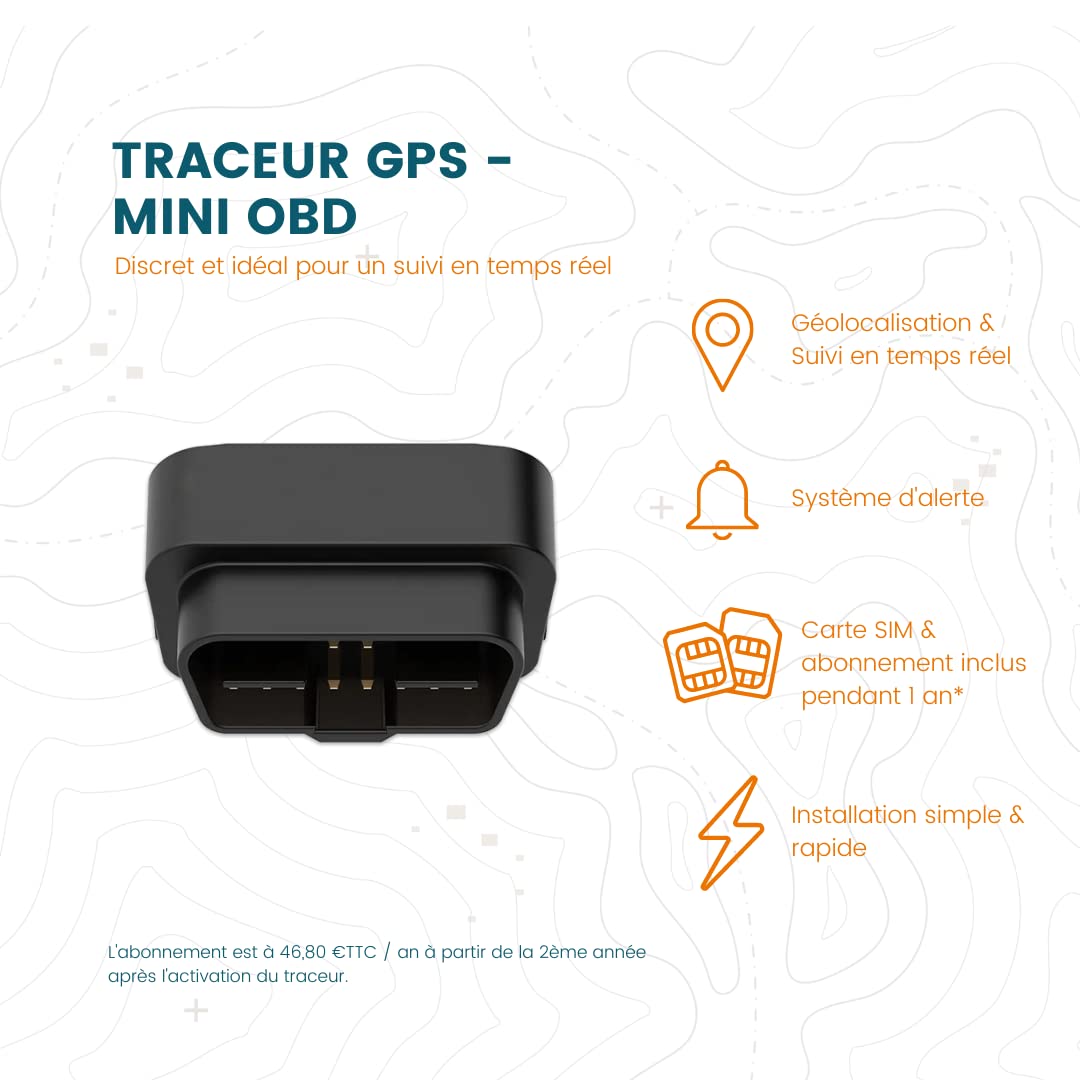 Localizador GPS para Coche, Camión en Tiempo Real - MiniOBD: 1 año de suscripción incluido - Alerta antirrobo - Geolocalización en tiempo real - Posición precisa - Tarjeta SIM incluida