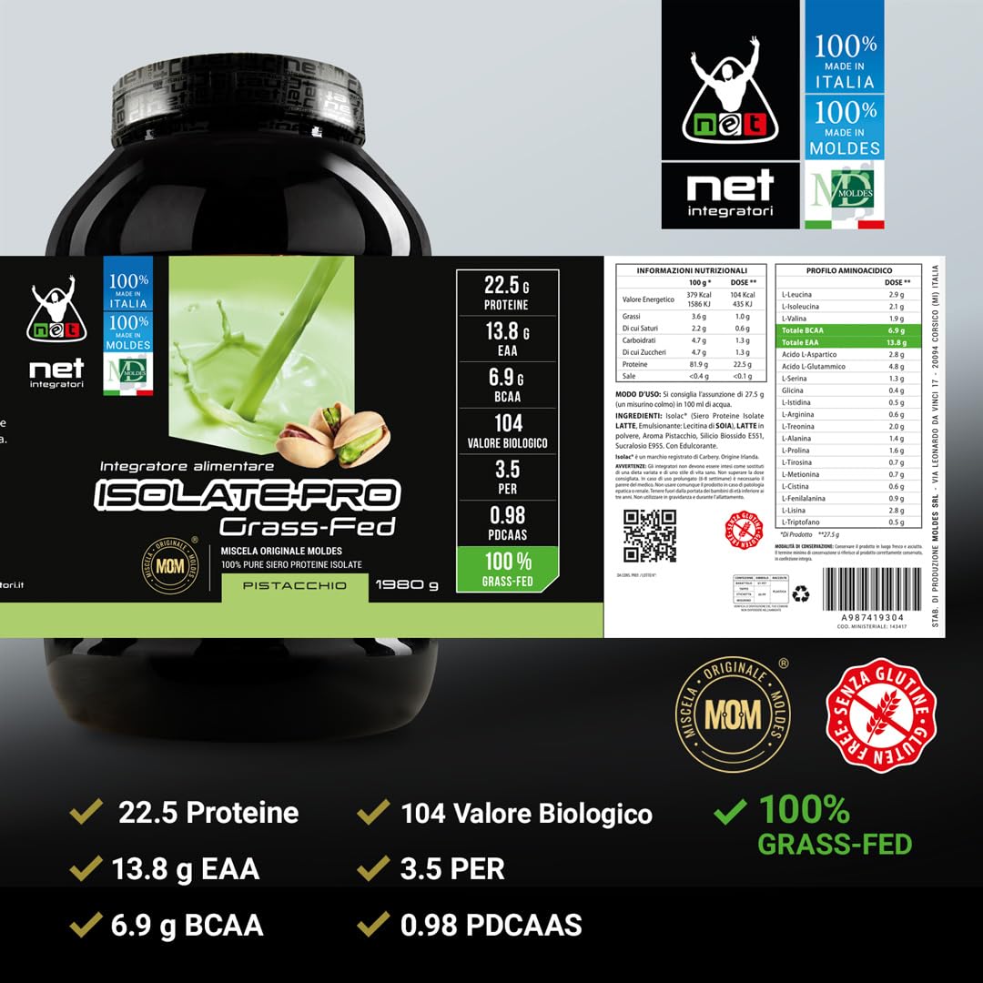Net Integratori ISOLATE PRO Grass Fed - 1980g Pistacchio - Proteine Isolate Con EAA Aminoacidi Essenziali e BCAA - Massimizza La Sintesi Proteica e La Crescita Muscolare