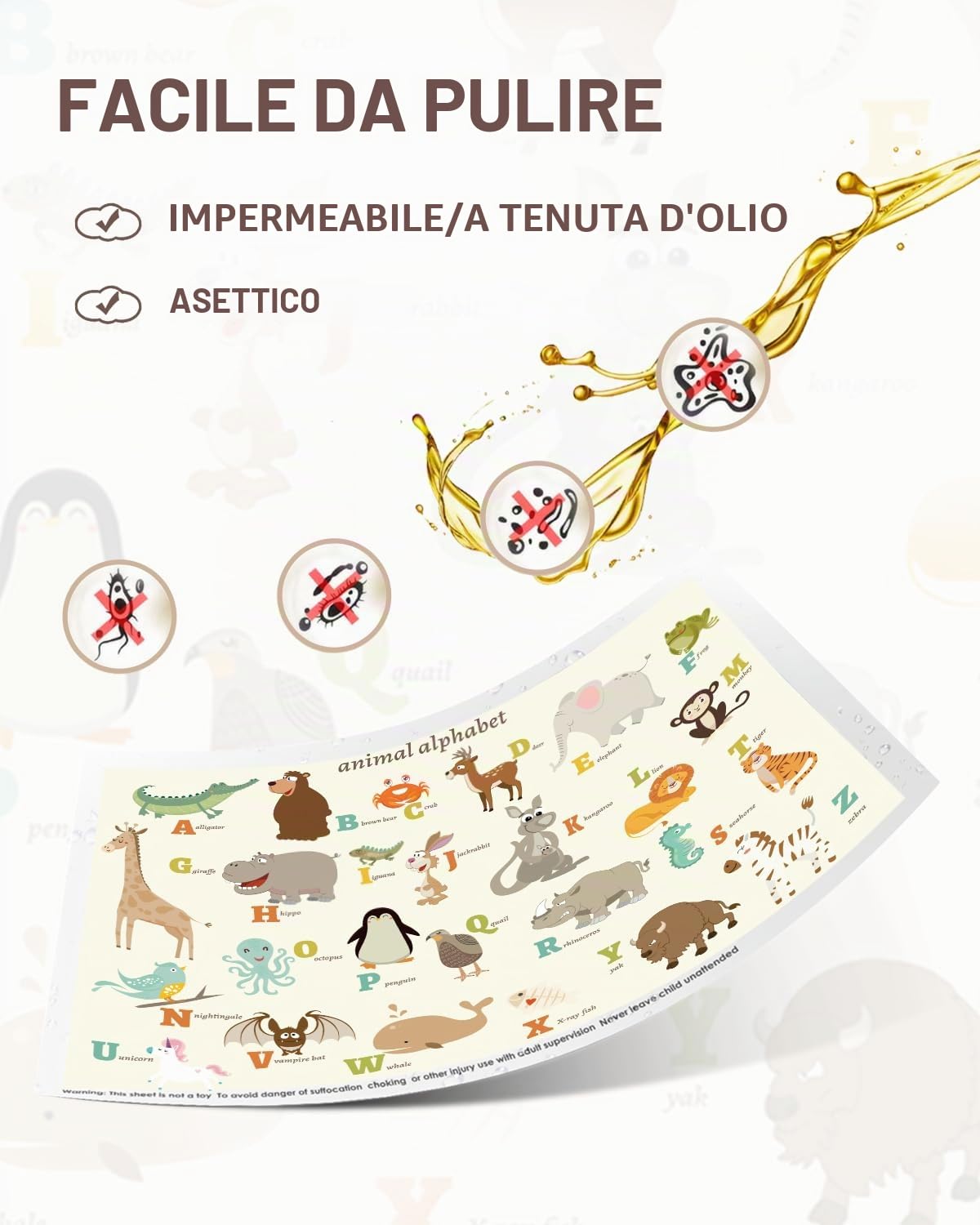 Tovagliette adesive usa e getta, confezione da 40 pezzi, per neonati e bambini, tovagliette da ristorante, 30,5 x 45,7 cm, tovaglietta per bambini, tema alfabeto animale