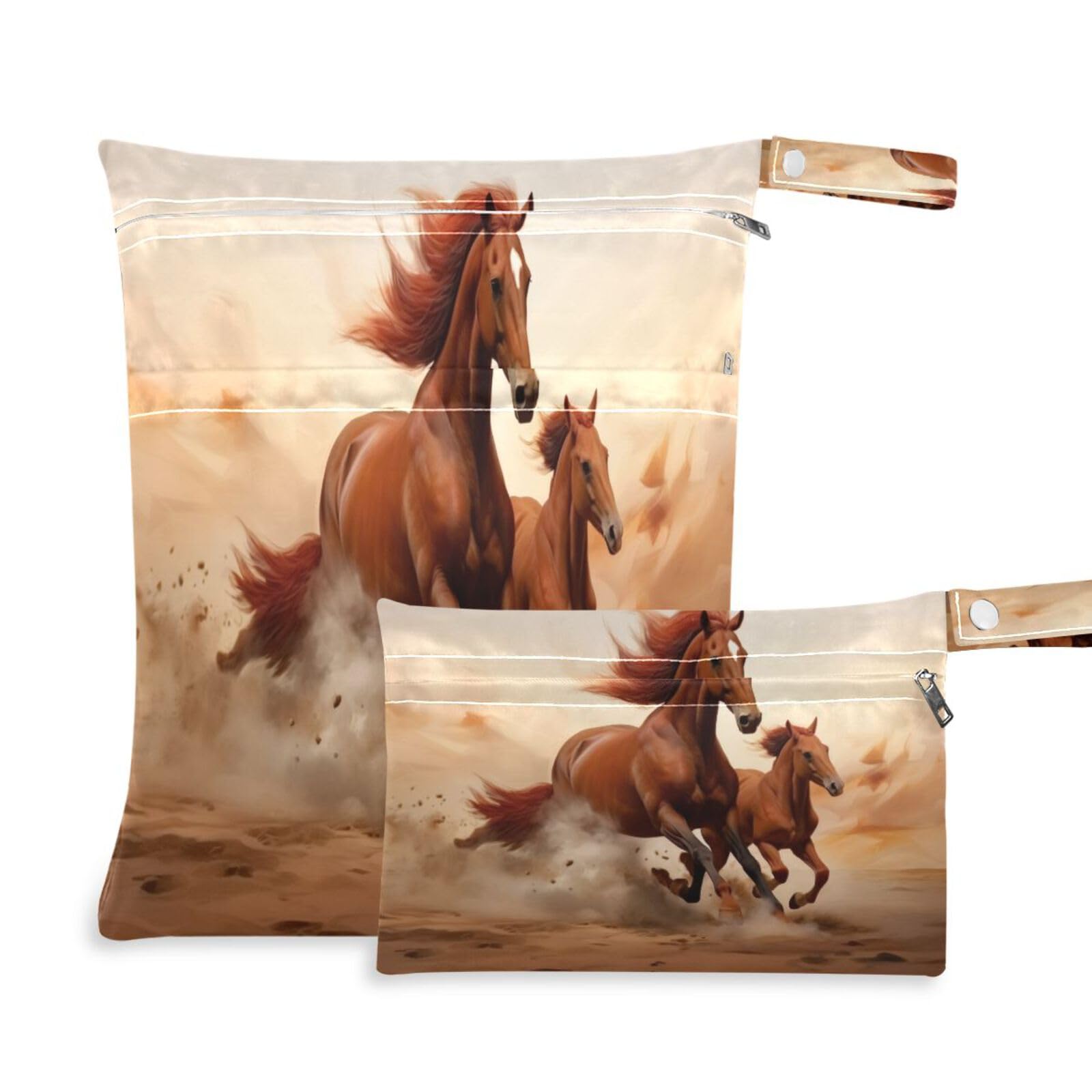 ATTX Chestnut Horse Wet Dry Bags 2-Pack - Reusable Cloth Diaper Storage for Travel, Beach & Gym | Multi-Use Waterproof Bags for Swimsuits, Baby Clothes, Sports Gear#564