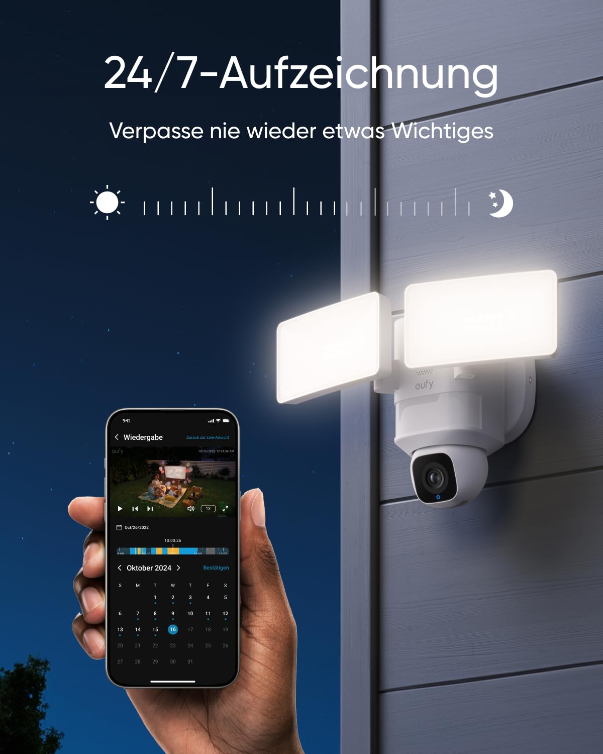 eufy Flutlichtkamera E30, Außen-Sicherheitskamera, 360° Schwenken & Neigen, KI-Erkennung & Verfolgung, 2K-Video, 2,4GHz WLAN, 2.000 Lumen, Sprach- & Lichtalarme, 24/7-Aufzeichnung, ohne ABO-Kosten