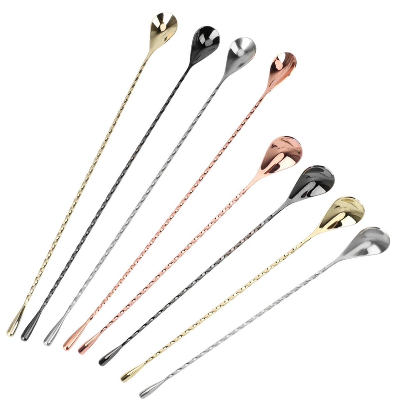Lot de 6 cuillères à café à cocktail 30/40 cm en forme de goutte de thé en acier inoxydable avec motif spirale (40 cm, noir)