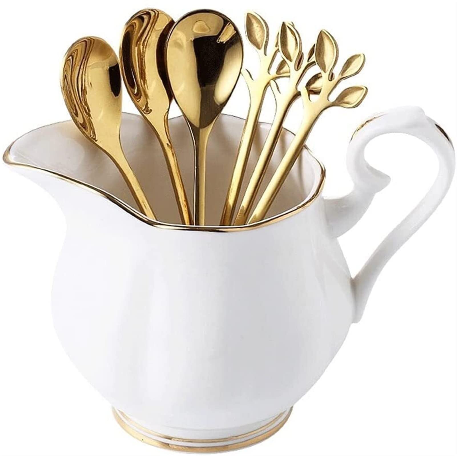 Kleine Löffel, Edelstahl-Gabel-Löffelbesteck Set mit Keramik-Aufbewahrungs-Jar-Bestellungsset, for Familienhotel/Dessert-Gabel/Salat Gabeln/Obstgabel Mokkalöffel(6 Spoons+Pure White can)