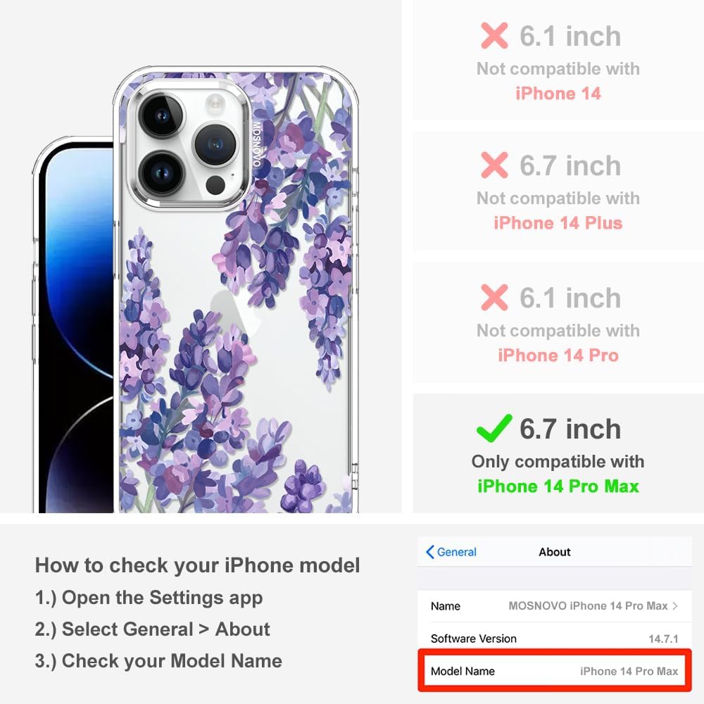 MOSNOVO Case for iPhone 14 Pro Max, [Buffertech 6.6ft Military-Grade Drop Protection] [Anti Peel Off Tech] Clear TPU Bumper Phone Case Cover Design - Lavender - Image 2