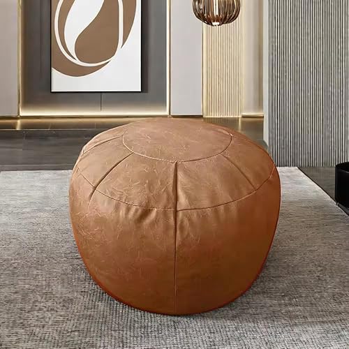 Louis Donné Funda de puf de piel sintética sin relleno, puf otomano redondo para sala de estar, dormitorio, color naranja