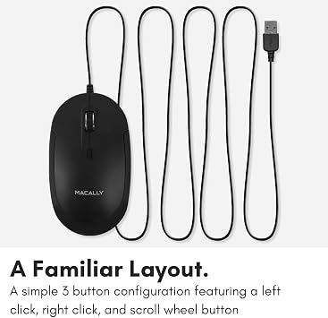 Macally Computer Mouse Wired, Silent USB Mice - Slim & Compact USB for Apple Mac or Windows PC Laptop/Desktop - Designed with Optical Sensor & DPI Switch - Simple - Black