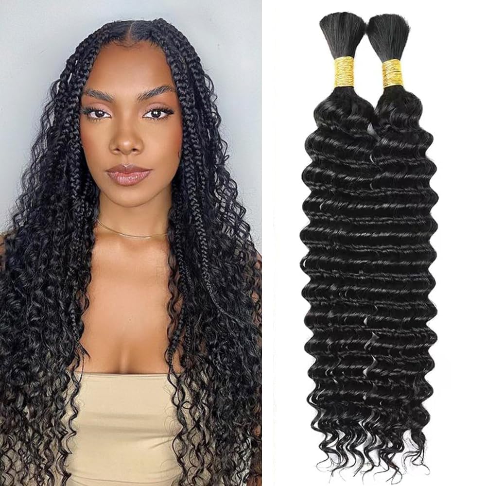 Deep Wave Human Braiding Hair for Boho Braids 16 Inch Boho Human Braiding Hair Curly No Weft 90g 2 Bundles 10A Brazilian Virgin Curly Hair Extension