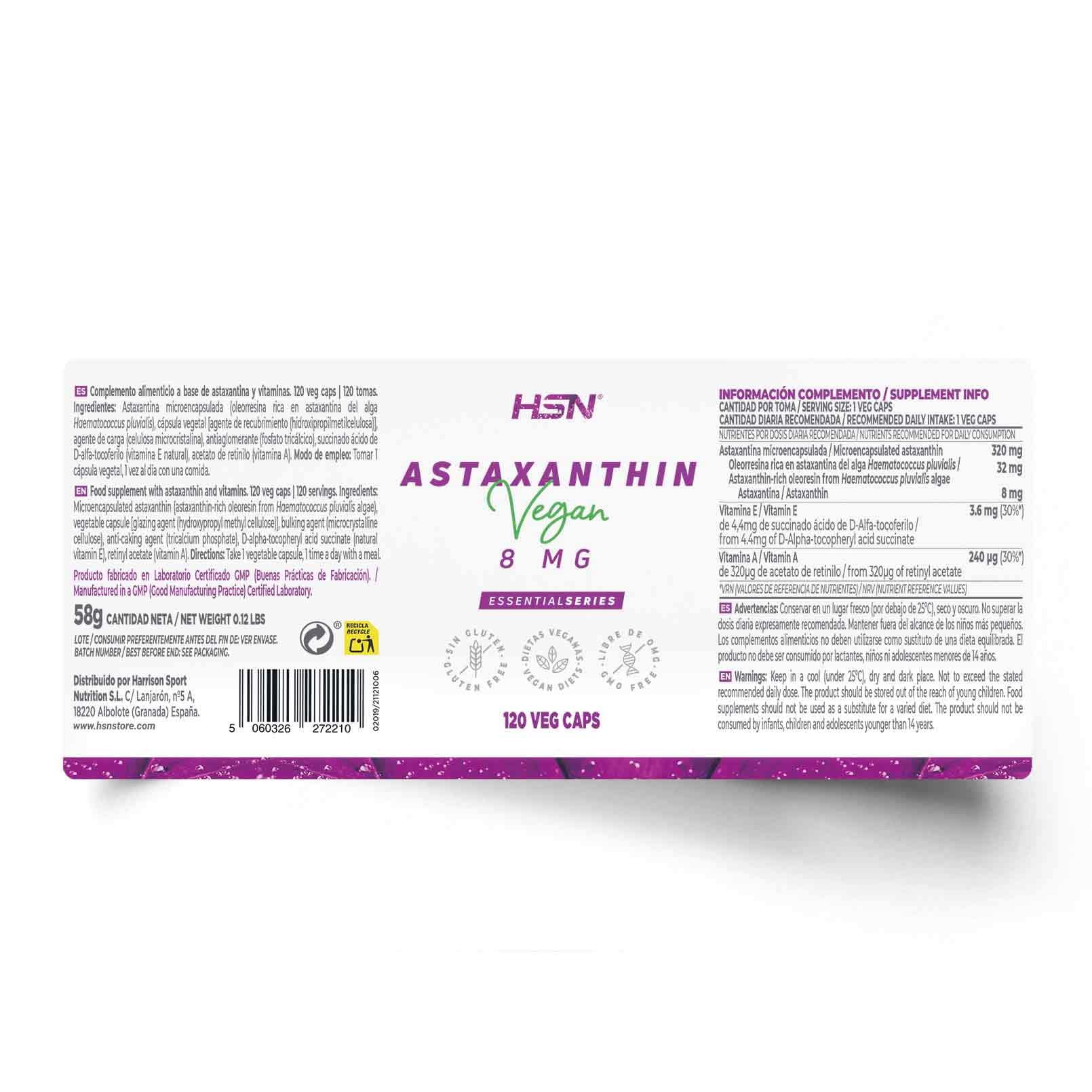 HSN Astaxantina Natural 8mg Haematococcus Pluvialis | 120 Cápsulas Veganas | Microencapsulada Estabilidad Máxima | Vitamina A y E - Cuidado Vista Piel Antiox | Carotenoide Vegetal Sin Gluten