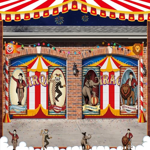 Image of Panelee 4 Pcs Vintage Carnival Circus Party Decorations Circus Clown Elephant Ringmaser Porch Banner Side Show Party Hanging Backdrop for Halloween Birthday Baby Shower Wall Indoor Outdoor Decor