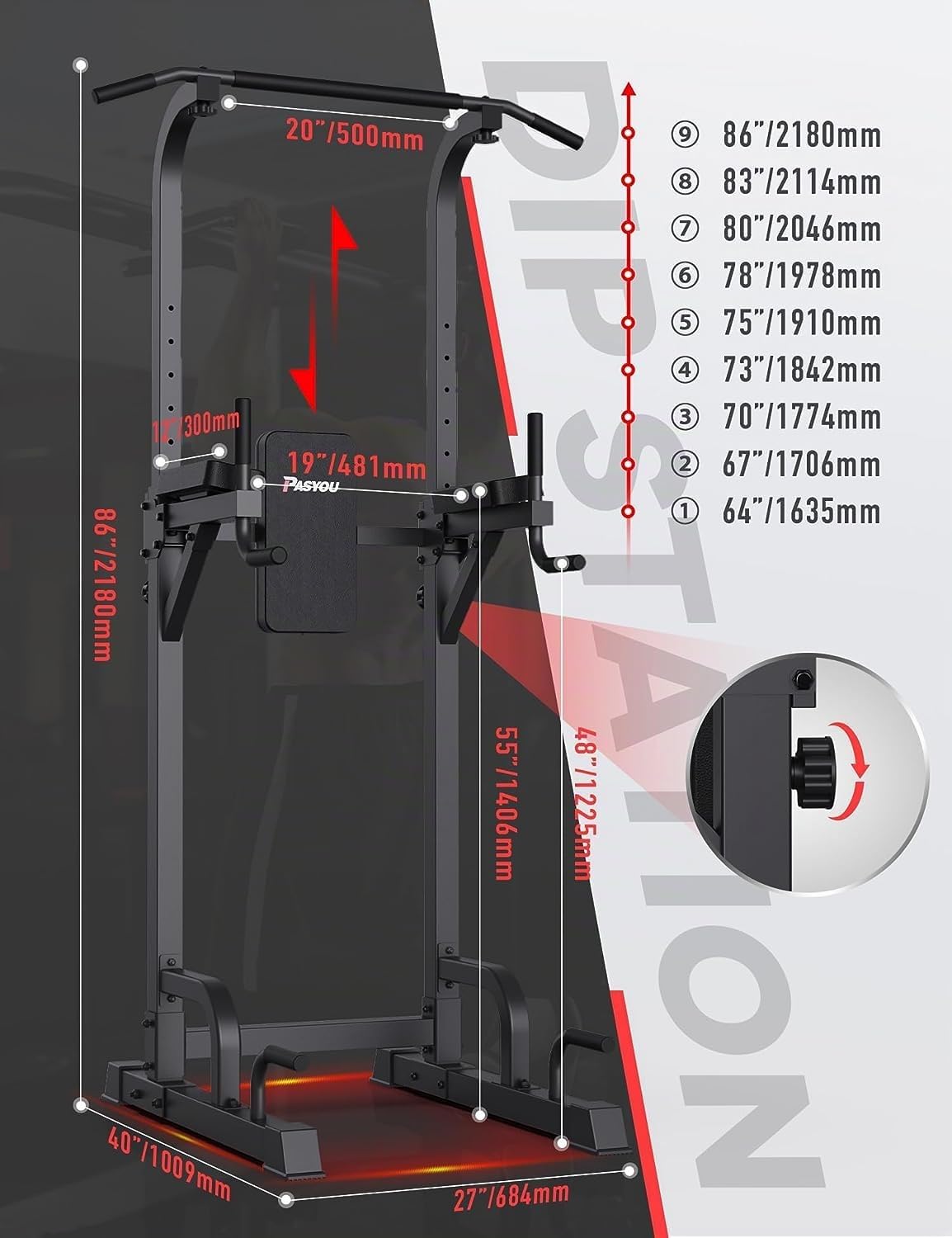 PASYOU Sbarra Trazioni Autoportante Regolabile in Casa, 6-IN-1 Barra per Trazioni, Pull Up Bar ROBUSTE. Carico Massimo 300 kg (modello: PU40)