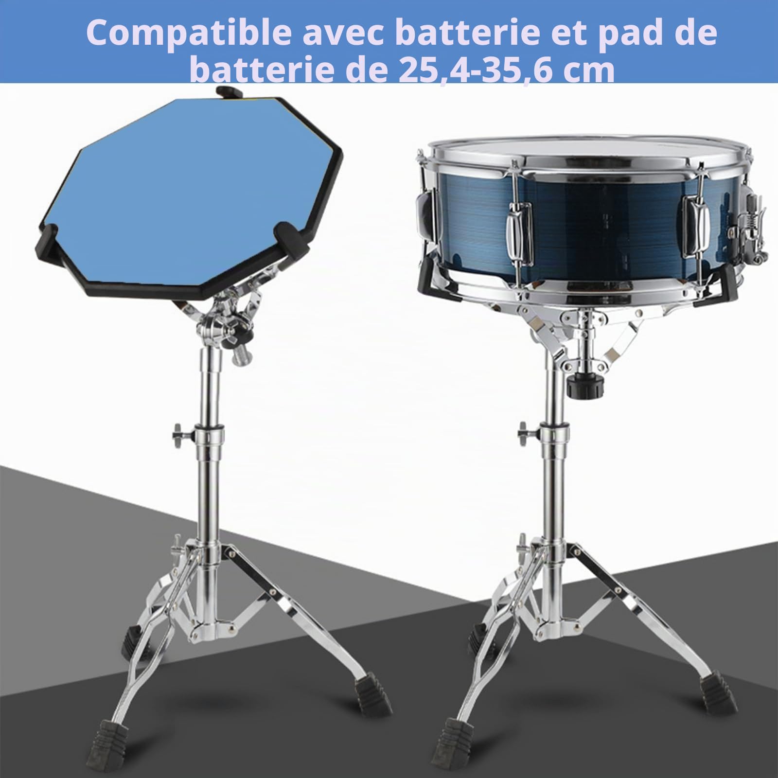Youeon Support de caisse claire avec support de baguettes de batterie, trépied léger à double entretoise, convient pour caisse claire de 25,4 à 35,6 cm, hauteur réglable de 36,8 à 58,4 cm pour les