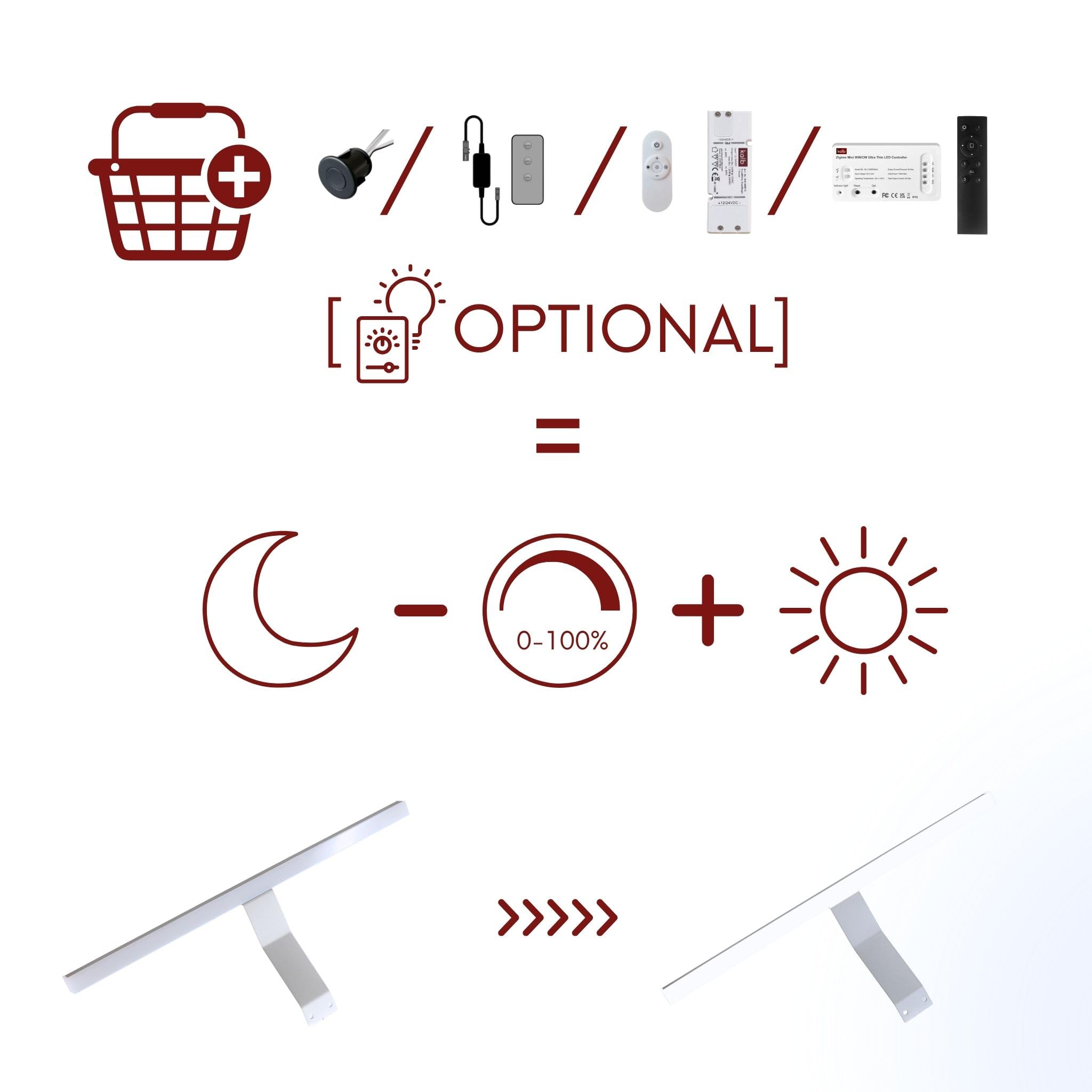 kalb | LED Aufsatz Spiegelleuchte Lancea 340mm tageslichtweiß, Set mit Schalter & Steckdose, silbergrau, 5000K, 470lm, 230VAC/12VDC, Plug & Play Beleuchtung für Spiegelschrank, Aufbauleuchte