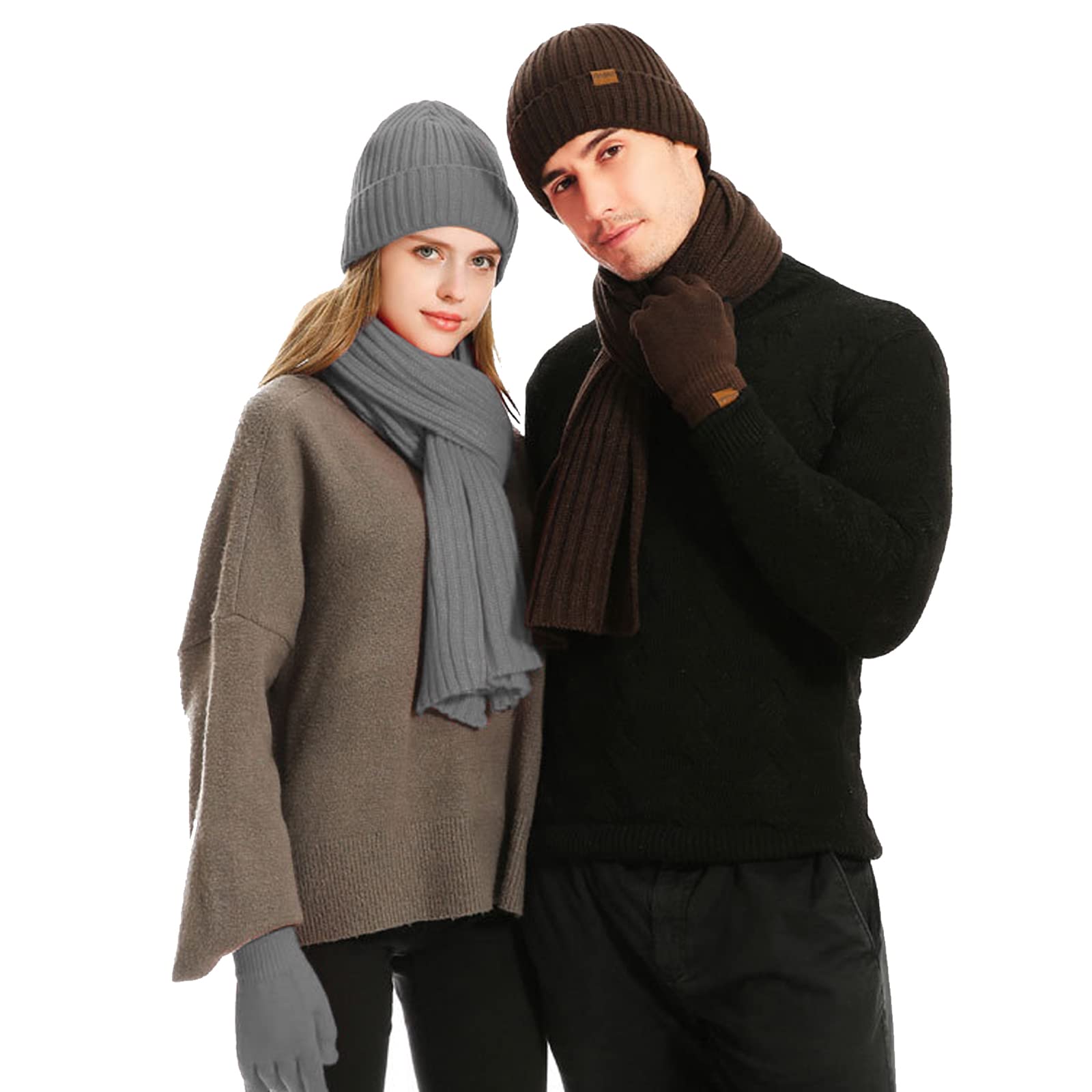 Set di 3 guanti invernali unisex con cappello e sciarpa a maglia calda, guanti touchscreen, sciarpa lunga, per uomini e donne