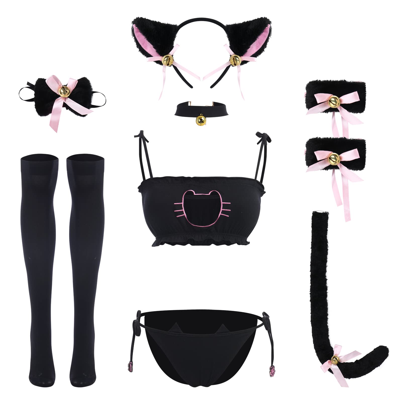 ABAFIP Women's Cute Anime Kawaii Cat Kitten Cosplay Strappy Lingerie Halter Micro Bra Panty Headband Garter Stockings Set - Black-03