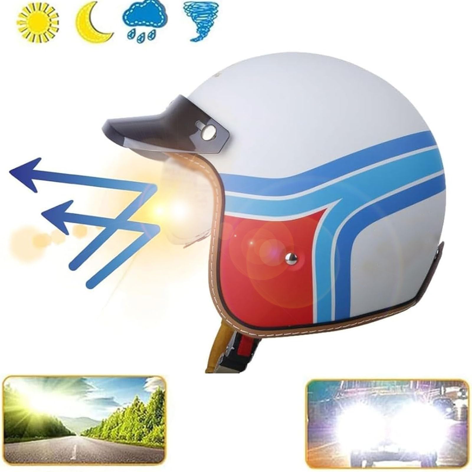 Kask motocyklowy 3/4 w stylu vintage, kask półskorupowy, z certyfikatem ECE z ochroną przeciwsłoneczną, do skutera, cruisera, motoroweru