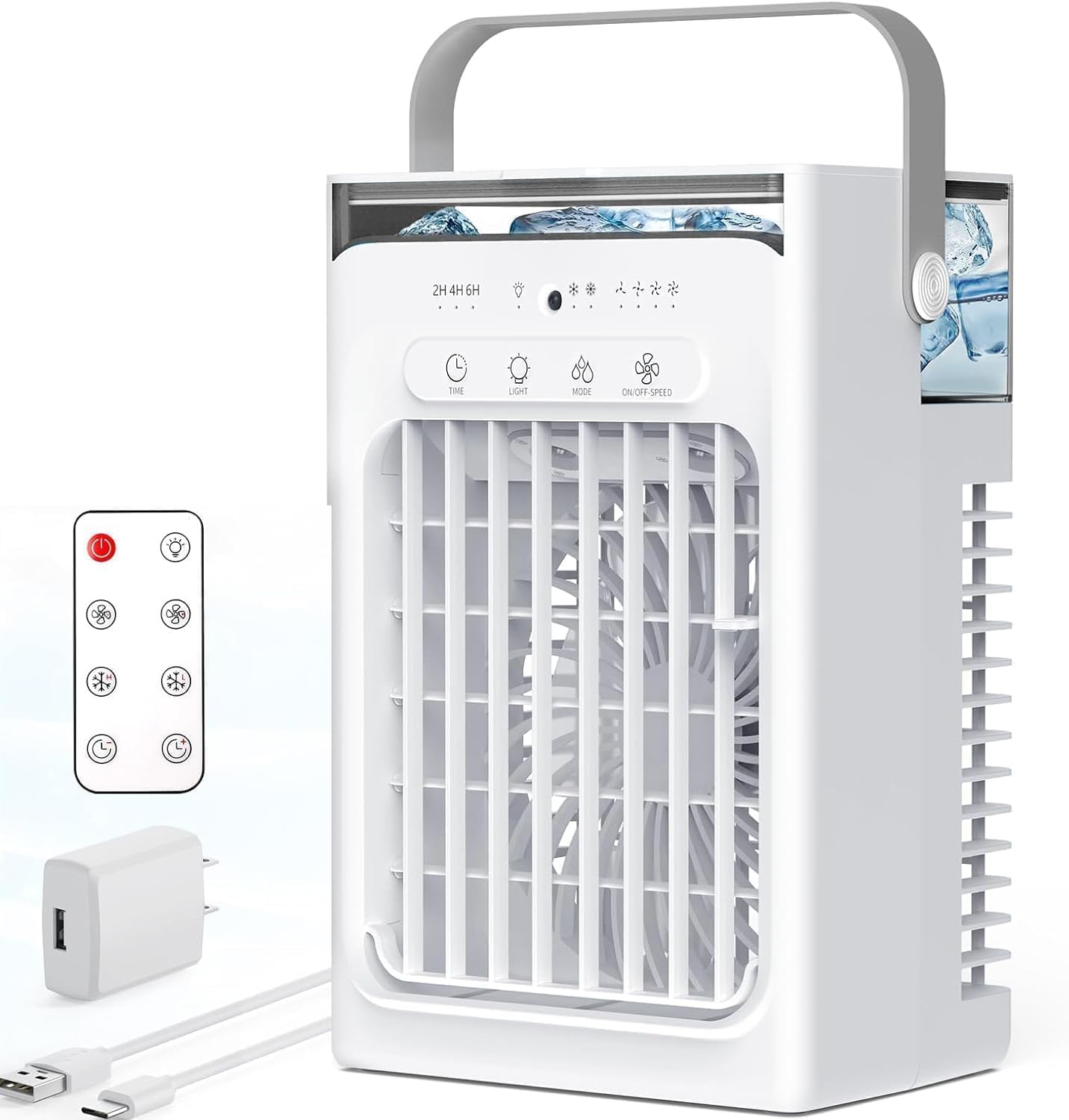 Portable Mini Air Conditioners, Portable AC Unit with 1000ml Water Tank, 4 Speeds Mist Modes 2/4/6H Timer, USB Charging Personal Air Conditioner for Bedroom & Indoor Use