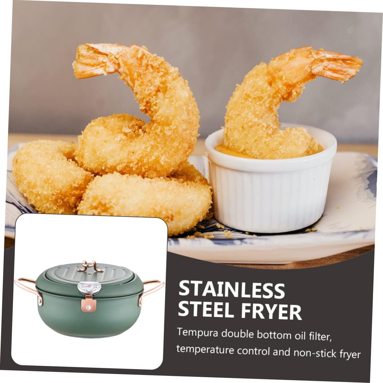 Stainless Steel Deep Fryer Pot with Thermometer Splash Oil Strainer Frying Pan for Household Cooking Nonstick Coating Green Japanese Style Kitchen Tool for Restaurants and Parties