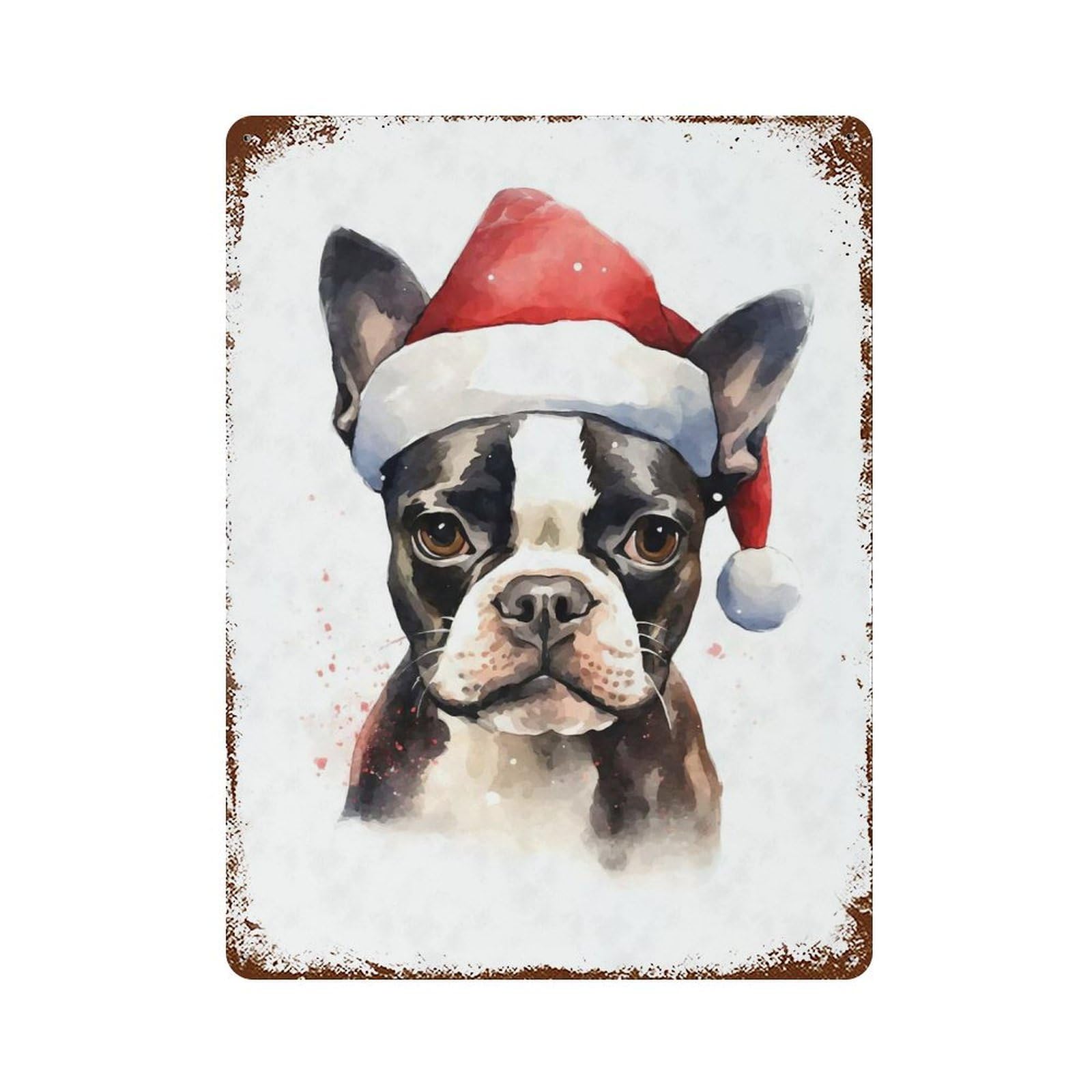 French Bulldog Santa Hat Vintage Wall Sign 15.7"x11.8", Rust Effect Metal Decor for Farmhouse, Kitchen And Entryway Decor