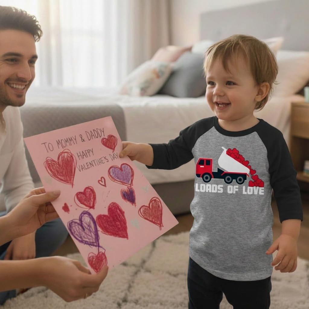 Tstars Boys Valentines Day Shirt - Truck Loads of Love, Dabbing Heart - Toddler Kids Raglan 3/4 Sleeve T-Shirt
