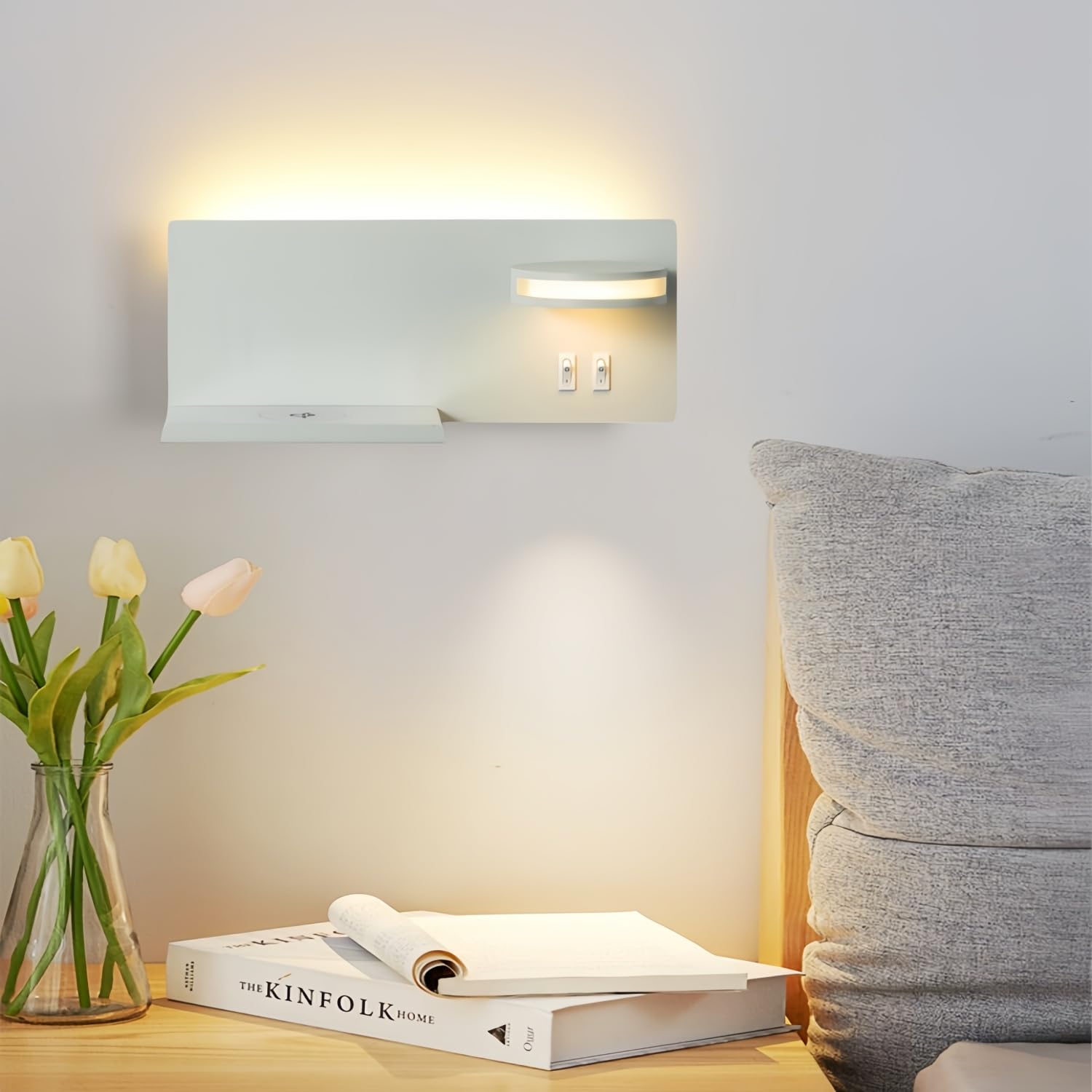 Lampada da Parete LED Moderna Ricarica Wireless e USB 30 cm x 12 cm Luce Notturna Orientabile per Camera da Letto Rotabile Applique Luce Notturna Illuminazioni per Pareti Bianco (A destra)