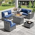 Amopatio Patio Furniture Set 7 Pieces Outdoor Furniture with 44" Fire Pit Table, Outdoor Conversation Set Sectional Sofa for Backyard, Poolside, Garden(Navy Cushion)