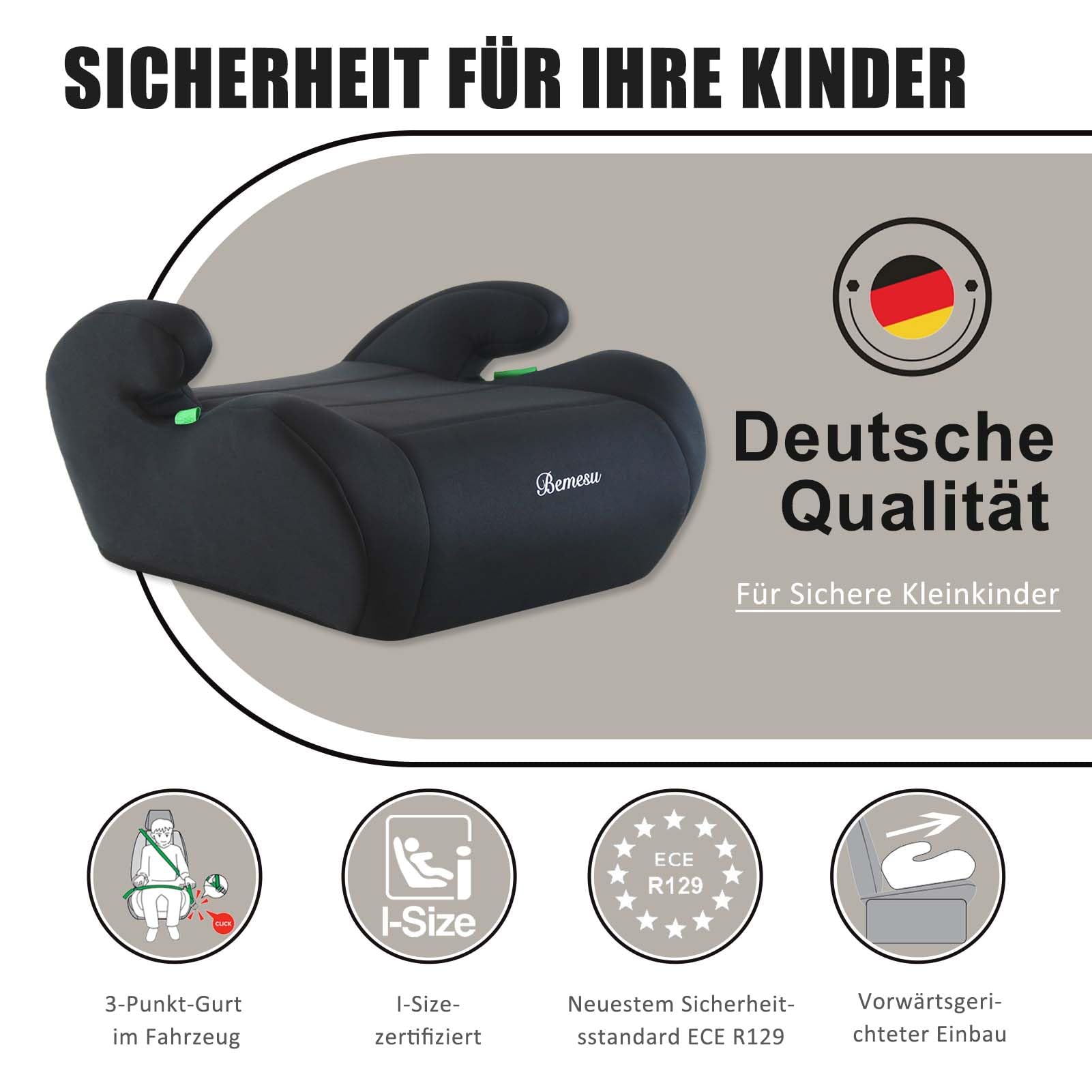 Bemesu Kindersitzerhöhung, Sitzerhöhung Auto Kinder 125-150cm, Kinderautositze Nach Neuer i-Size Norm R129, Kindersitz ohne ISOFIX, Autositz für Kinder 6-10 Jahre (Schwarz)