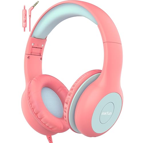 EarFun Kids Headphones with Mic for Boys/Girls, Over Ear HD Wired Headphones for Children, 85/94dB Volume Limiter, Sharing Port, Foldable On Ear Headsets for School/Pad/PC/Travel (Pink&Blue)