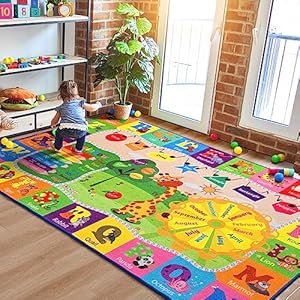 Kids Rug Play Mat Carpet Educational and Fun Playmat ABC Alphabet Animals Shapes 4×6 Area Rug Learning and Safe Rugs for Bedroom Playroom Classroom Baby Toddler Children