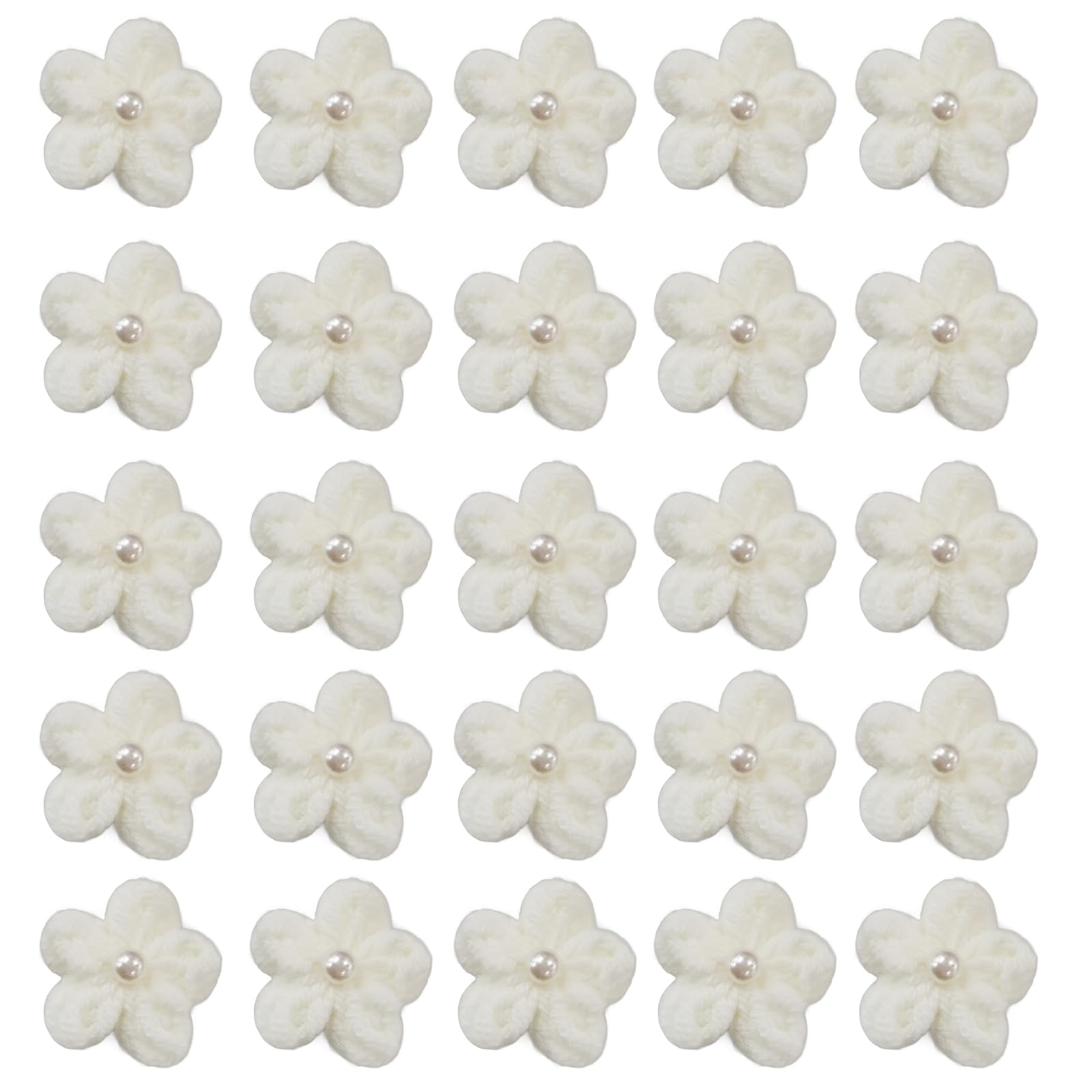 Jtnohx Knitted Flower Patches，Crochet Flowers Applique，25pcs Handmade Floral Sew on Patches，3cm DIY Appliques Embellishments with Pearl, Crochet Floral for Crafts,Sew Accessories(White