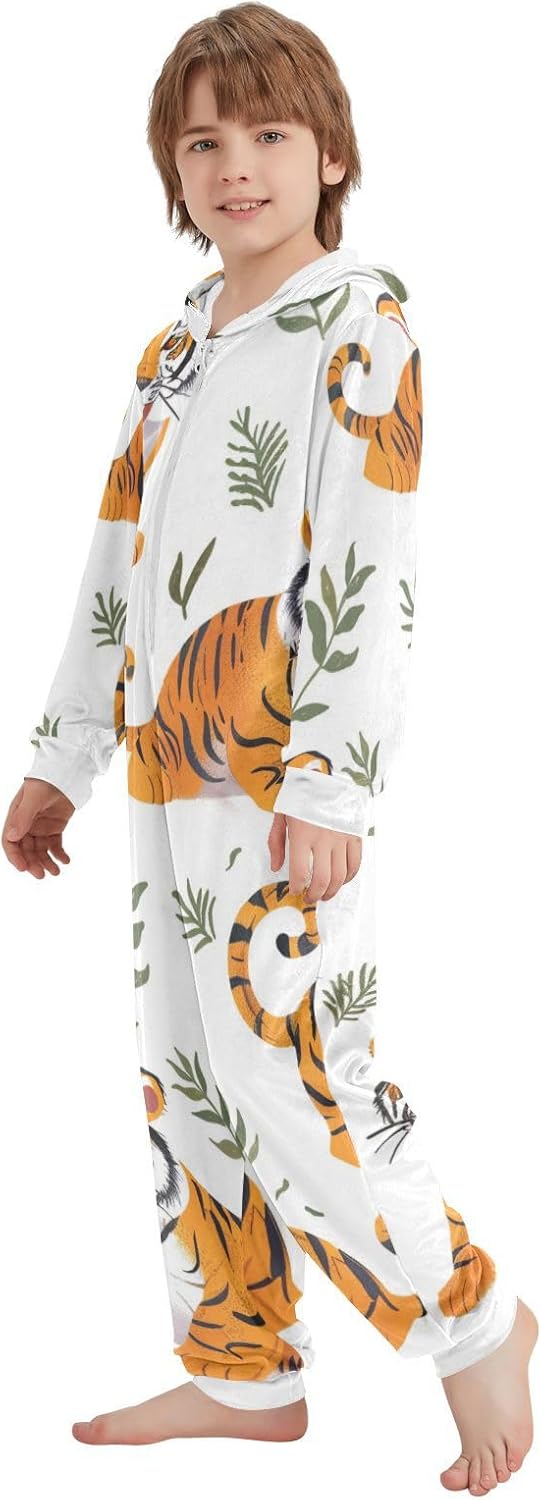 White Background with Lots Of Cartoon TigersPajamasSoft Warm Hooded Home Casual Pjsfor Parties Sleepovers