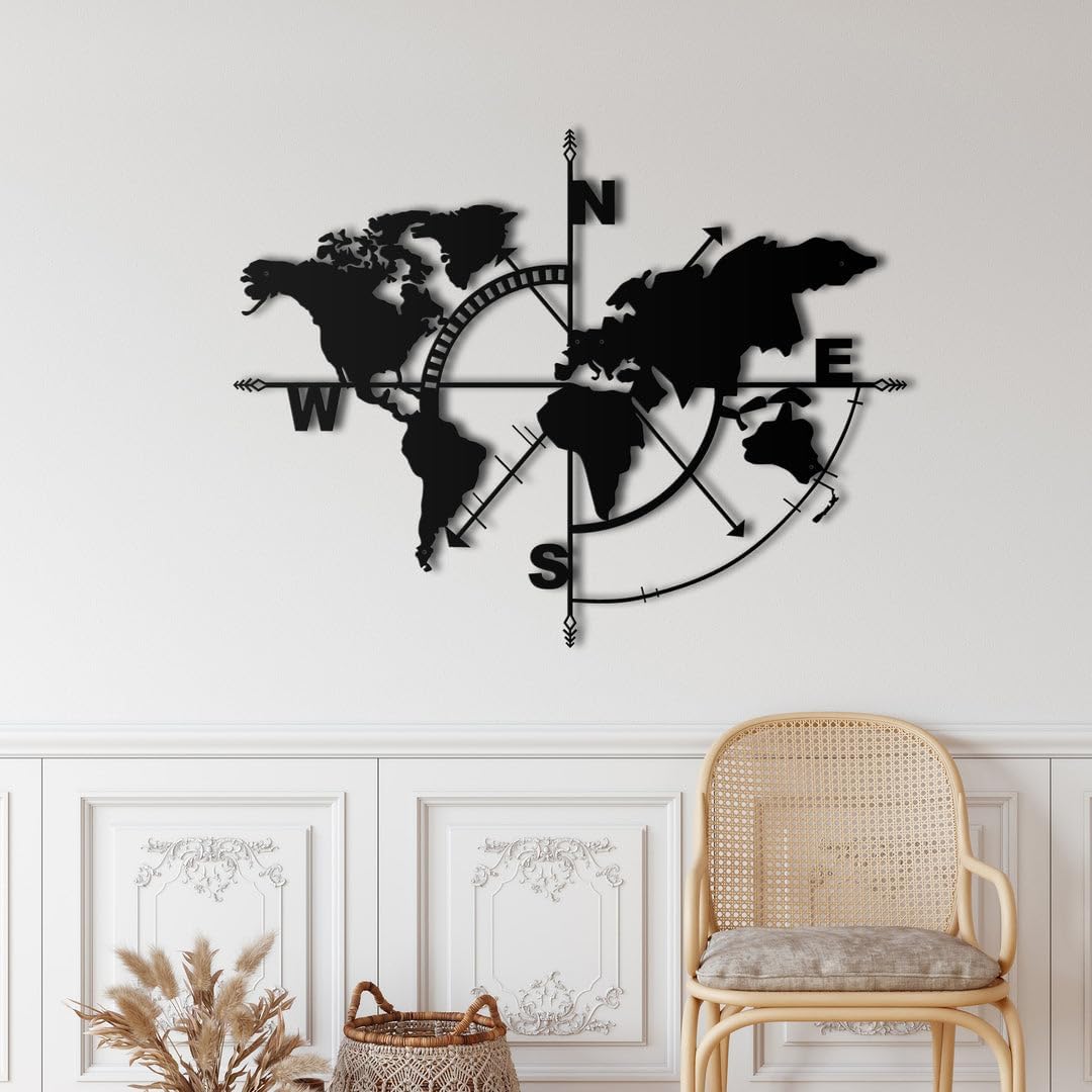 SUSSEXHOME World Map Compass Metal Wall Decor for Home and Outside - Wall-Mounted Wall Art Decor - Drop Shadow 3D Effect Wall Decoration for Living Room Bedroom [47 x 36]