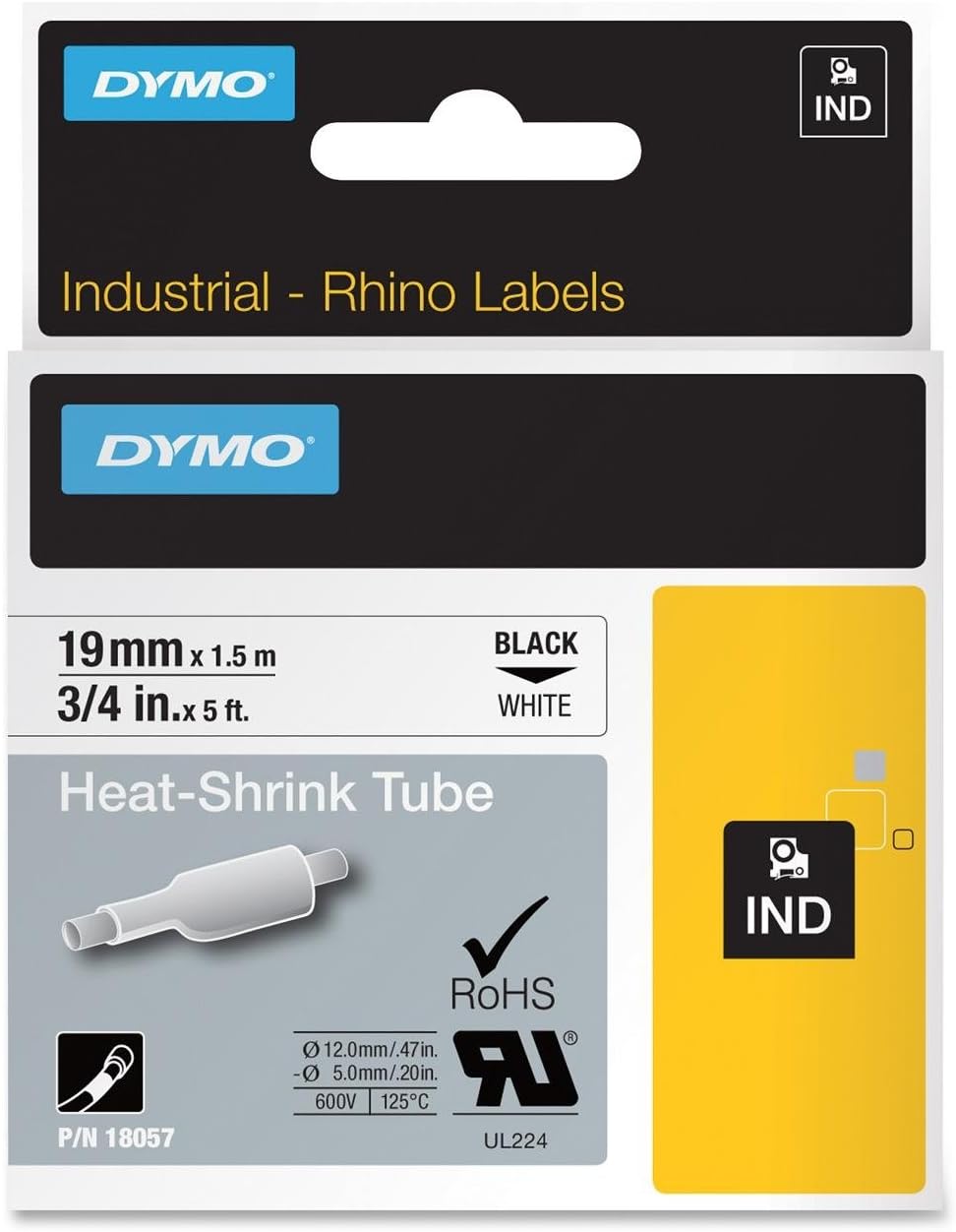 Amazon Com Dymo Corporation Rhino Heat Shrink Tubes Industrial Label Tape 3 4 X 5 Ft White Black Print Dym Office Products