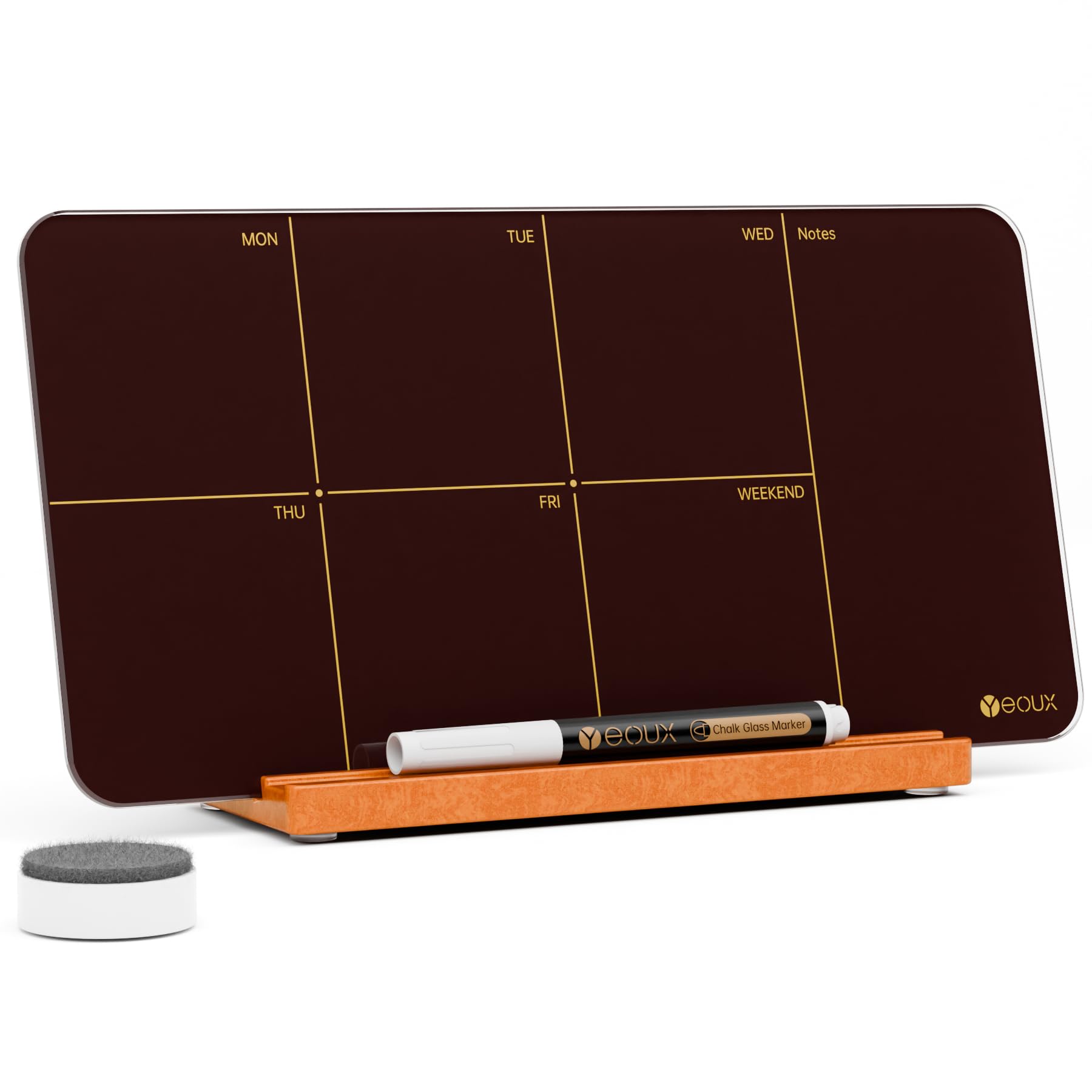 Pizarra semanal de cristal de borrado en seco con soporte de madera desmontable, rojo burdeos, calendario de escritorio pequeño para lista de tareas, pizarra blanca de 12 x 6 pulgadas para oficina,