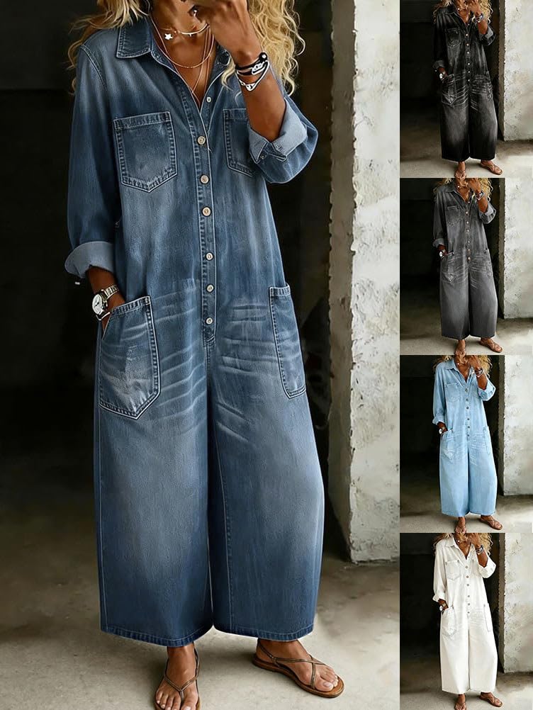 ORANDESIGNE Combinaison Chemise en Jean Femme Manche Longue Y2K Combinaison Denim Jumpsuit Baggy Jeans Décontractée