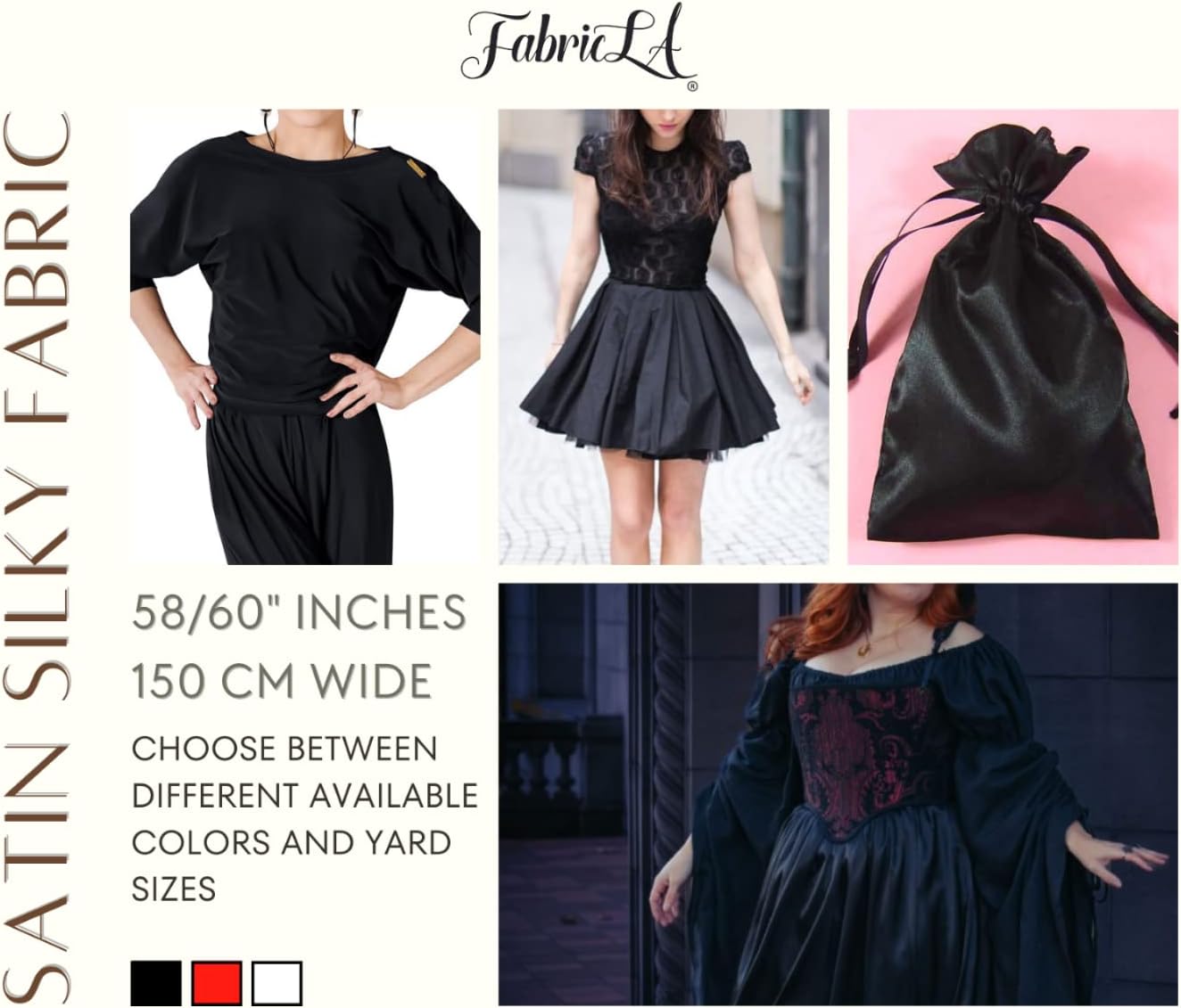 FabricLA Satin Fabric - 58/60" Inches (150 cm) Wide Satin Silky Fabric for Bridal Wedding, Apparel, Decoration, Fashion Craft - Satin Charmeuse Fabric Black 4 Yards