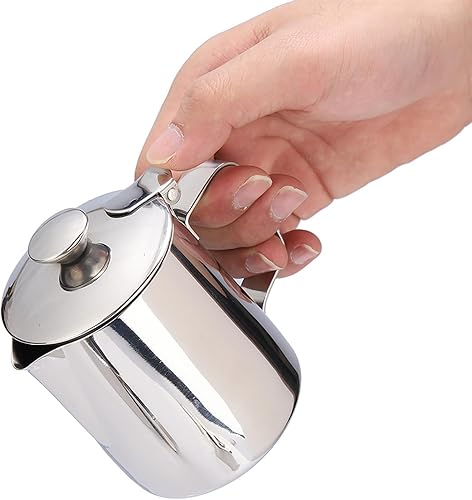 Jarra de espuma de leche con tapa, acero inoxidable, boquilla antigoteo, taza espumadora de leche para capuchino latte café arte (11.8 fl oz)