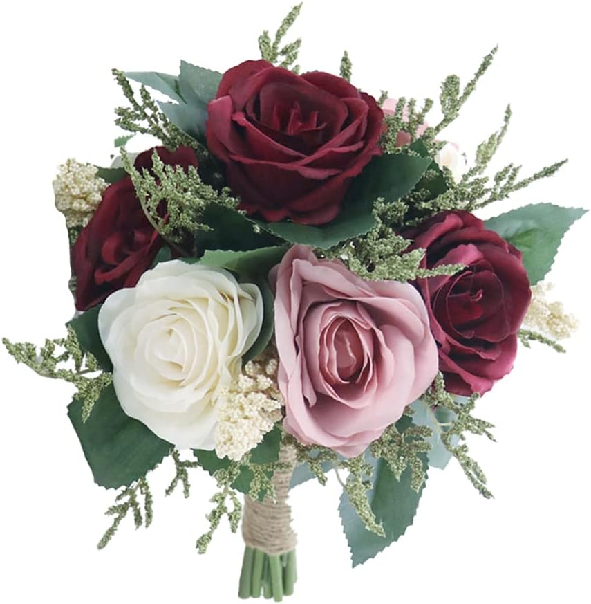 Surakey Fake Flowers, Wedding Bouquets for Bride Bridesmaid, Champagne Rose, Vintage Artificial Silk Simulation Flowers for Wedding Party Home Decor Valentine's Day Gifts (Burgundy)