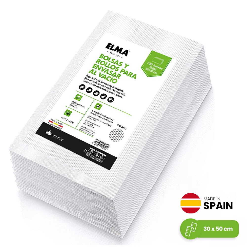 Lot de 100 sacs sous vide alimentaire avec technologie Line + | Nouvelle formule, système rayé, multicouche, sans BPA, fabrication espagnole 30 x 50 cm