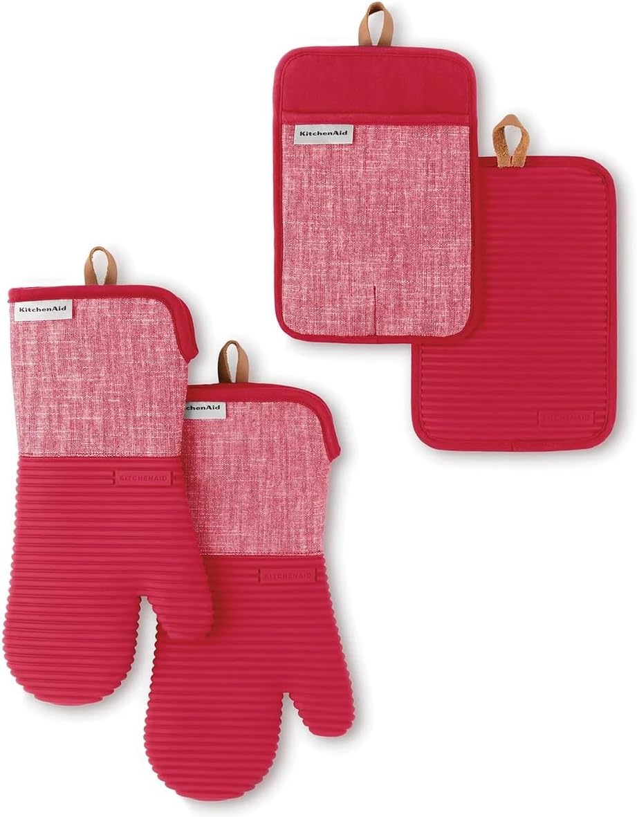 KitchenAid Chambray 4 Pack Pot Holder and Mini Oven Gloves Mitt Set Heat Resistent Non-Slip Silicone Grips 100% Cotton (RED)
