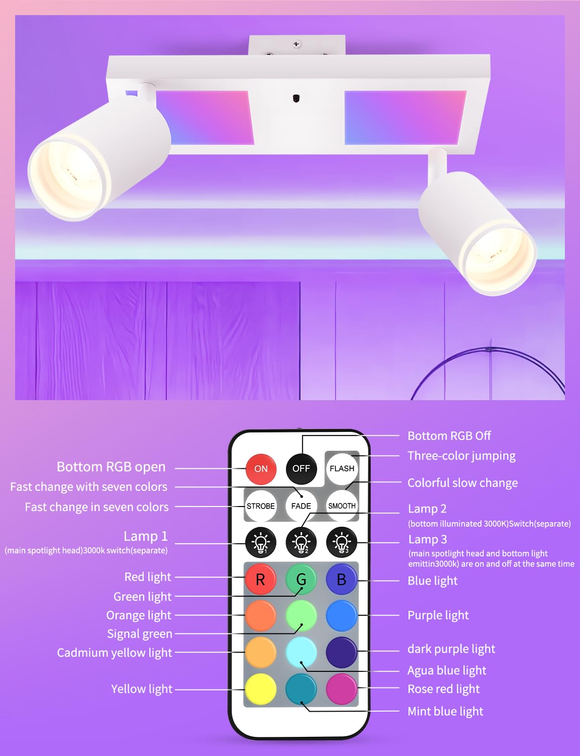 YindaLux Plafonnier LED 2 Spots avec Télécommande, RGB 17W 2300LM Spots de Plafond GU10 Orientable, Blanc Plafonnier Spot avec Lueur Inférieure 7W+2x5W GU10 pour Salon Cuisine Chambre