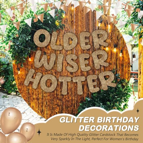 Image of Fulmoon Set of 3 Pre Strung Older Wiser Hotter Glitter Banner Funny Birthday Banner for Women 30th 40th 50th 60th 70th 80th Birthday Party Decorations Sign Gift(Dark Champagne)