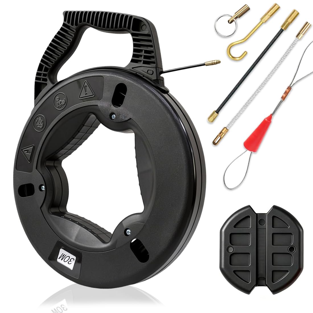 30m Sonda Elettricista Sonda Tiracavi Cavo Estrattore Cavi Fibra di Vetro | Sonda Passacavi, Fish Tape 3,8mm, incl. 6 Adattatori, Per Cavi Elettrici Tubi Vuoti, con Scatola con Impugnatura