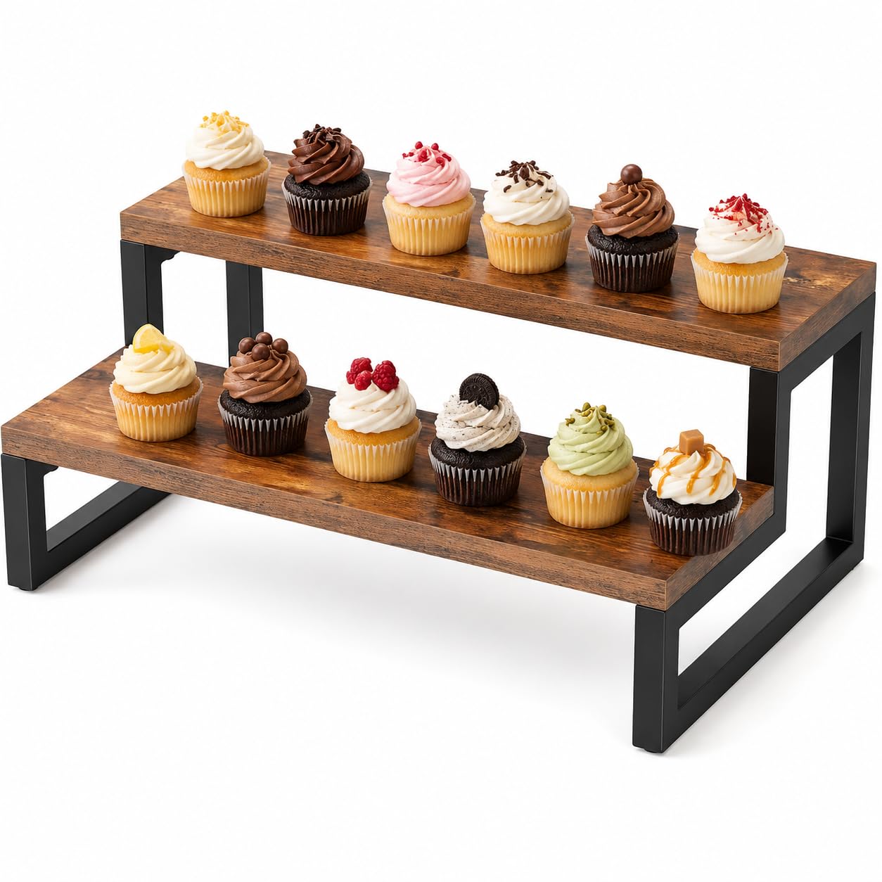 2-Step Wooden Cake Stand Cupcake Display – Rustic Brown, 14-Inch Multi-Purpose Dessert Stand with Iron Accents – Tiered Wedding Cake Holder, Party & Bakery Serving Platter-image-2